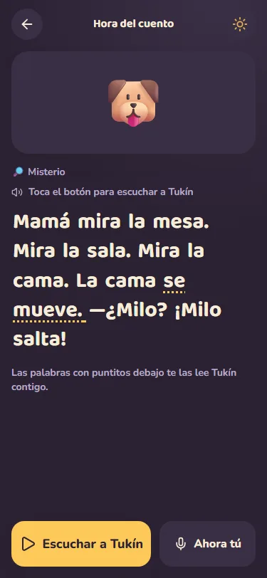 Cuento de noche de Tukín en modo oscuro