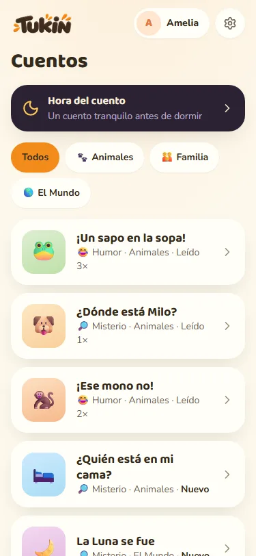 Pantalla de cuentos de Tukín con los cuentos disponibles