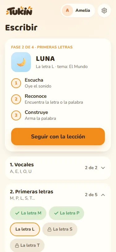 Pantalla de lecciones de Tukín: la letra L y las fases del camino