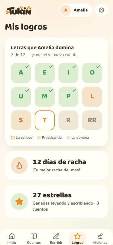 Pantalla de logros de Tukín con las letras que ya domina
